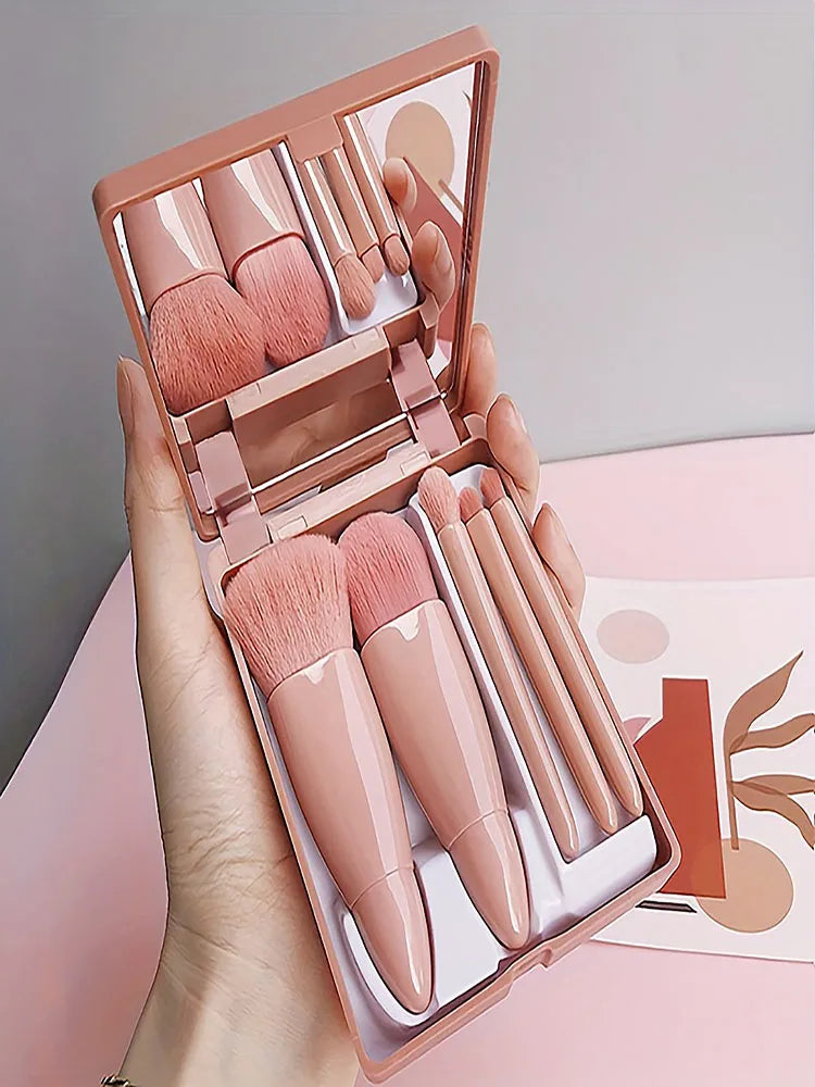 5-Piece Travel Makeup Brush Set with Mirror – Portable Cosmetic Kit