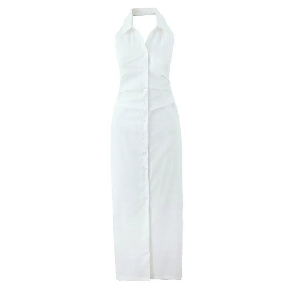 Elegant White Cotton Linen Midi Dress for Women