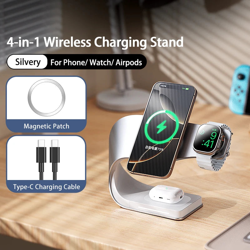 15W Magnetic Wireless Charging Station – 4-in-1 Fast Charger for iPhone, Apple Watch & AirPods