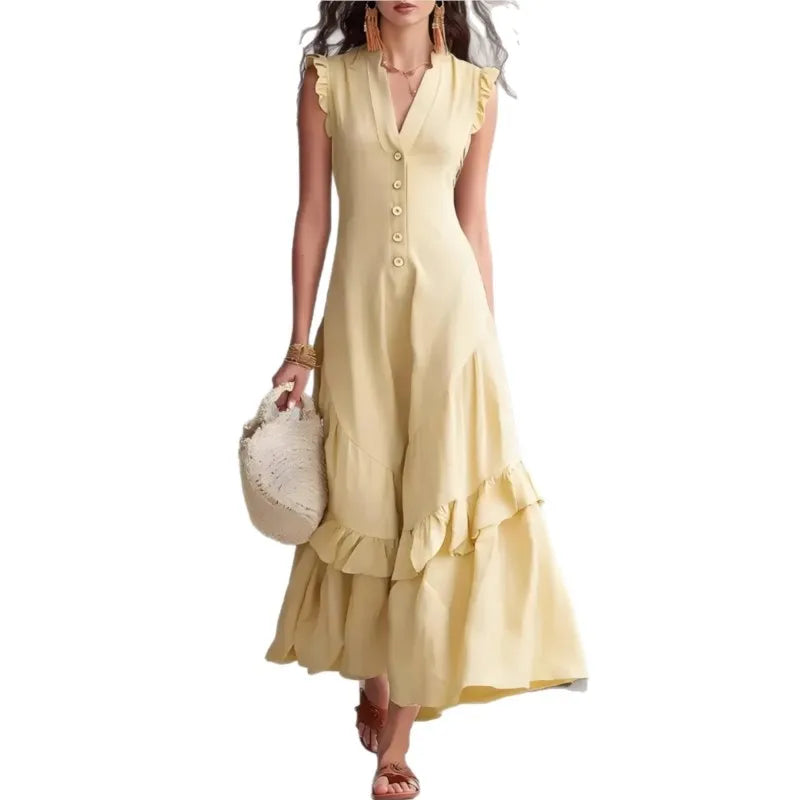 Elegant Ruffle Midi Dress – Casual Button Front Summer Dress for Women