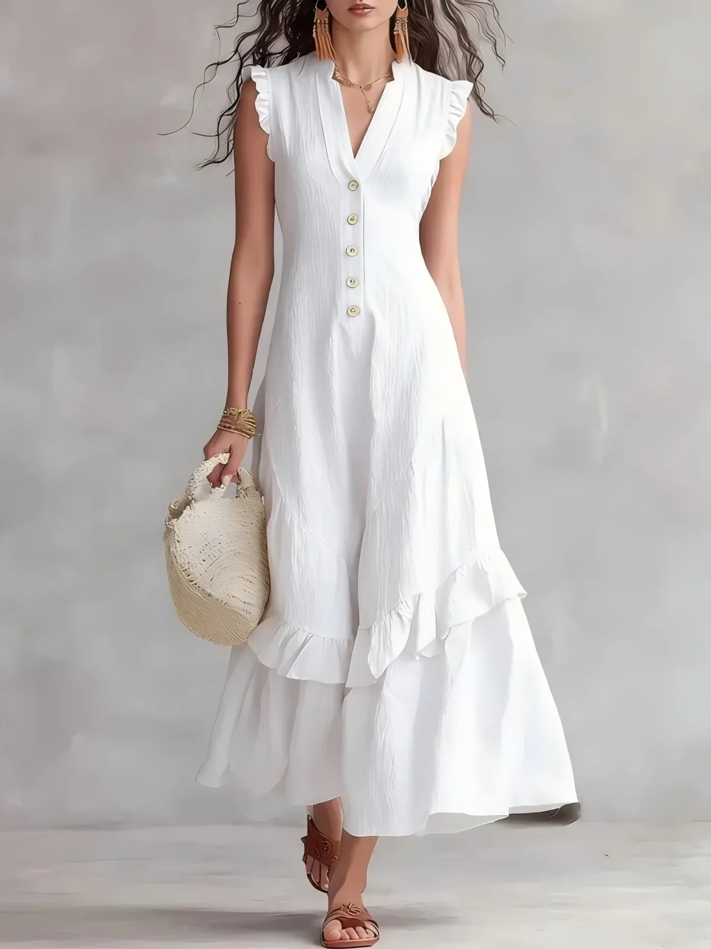 Elegant Ruffle Midi Dress – Casual Button Front Summer Dress for Women